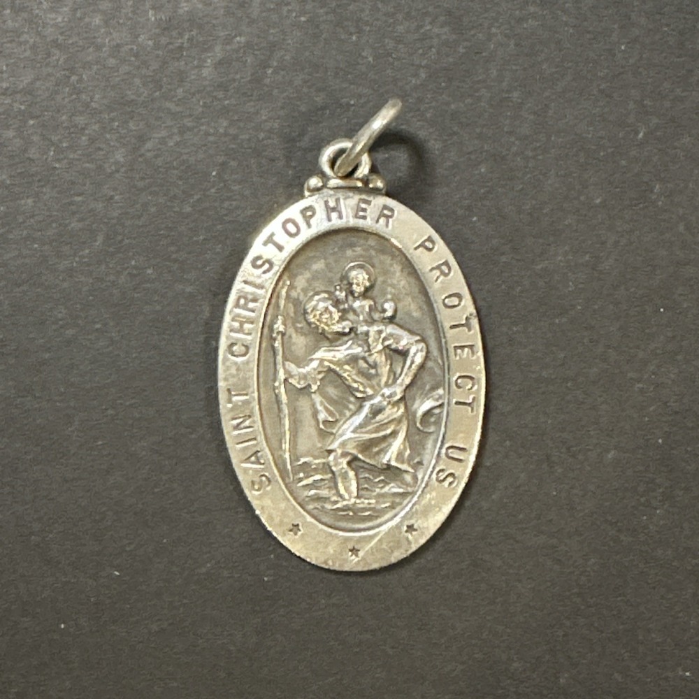 Vtg Sterling Silver Saint St Christopher Pendant Catholic Charm Lumin Oval